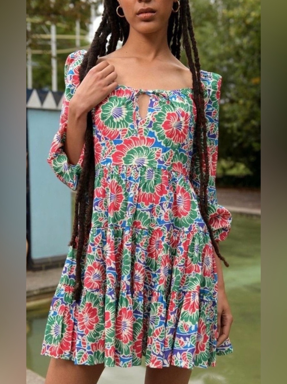 RIXO Roxy Hibiscus Floral Tiered Mini Dress Tie Front Cotton 6